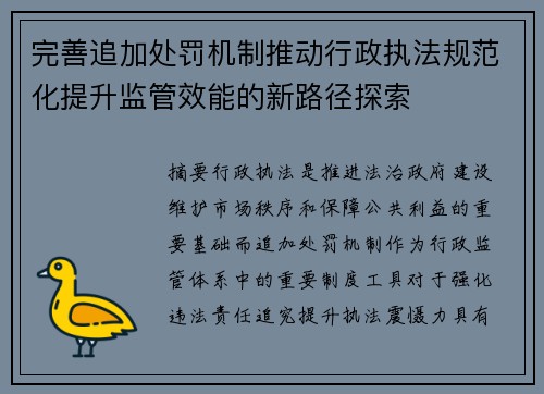 完善追加处罚机制推动行政执法规范化提升监管效能的新路径探索 完善追加处罚机制推动行政执法规范化提升监管效能的新路径探索